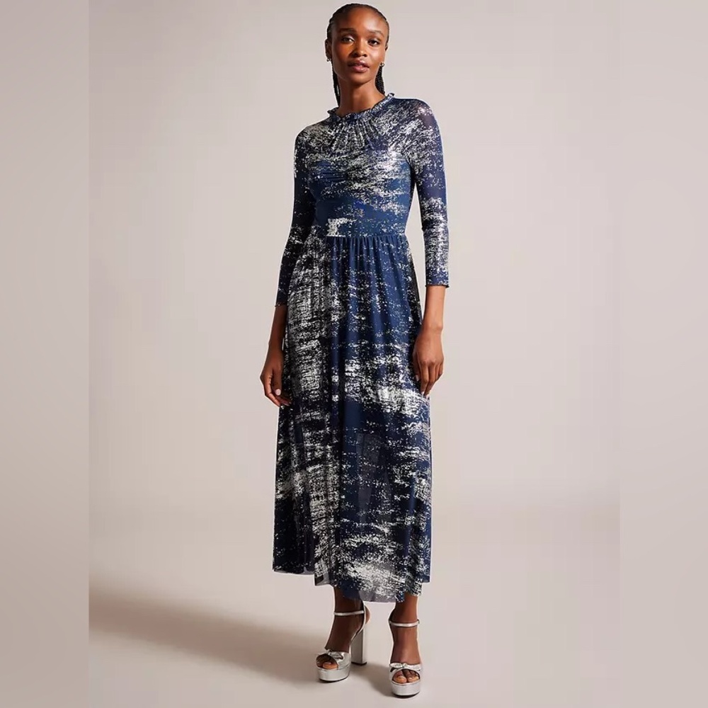 Ted Baker Iggiey Metallic Burnout Midi Dress in Navy Size 0